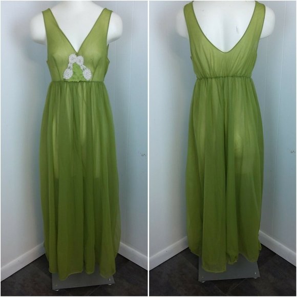 Incredible Vtg 2 Pc 100% Nylon Tricot Peignoir Nightgown & Robe Set Green Lace - Picture 3 of 12